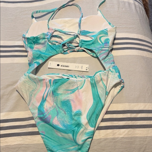 AQUA Swim Swirl Print Cutout One Piece Swimsuit Turq Multi Size small C44 - Picture 5 of 5